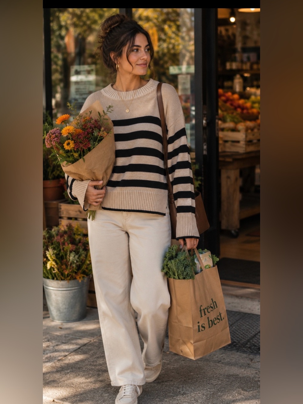 NWT Evereve Black and Tan Magda Striped Pullover
